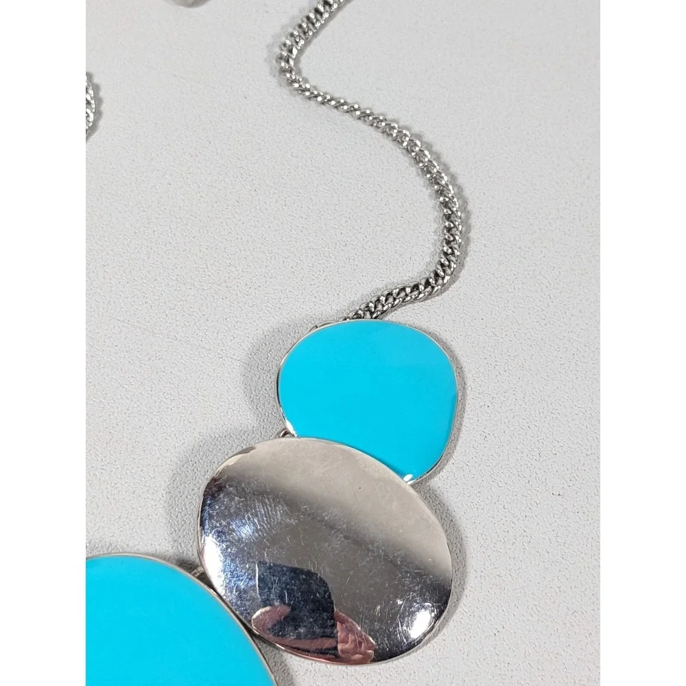 Blue Enamel Oval Panel Statement Necklace Silver Tone‎ 22